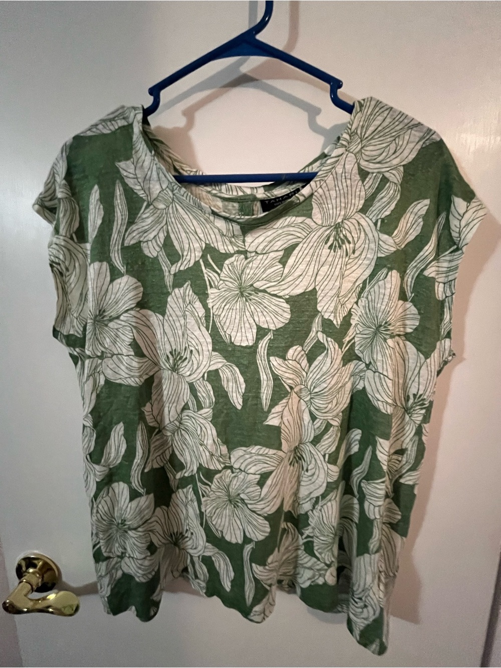 Tahari Floral 100% Linen Green Women's Top XL